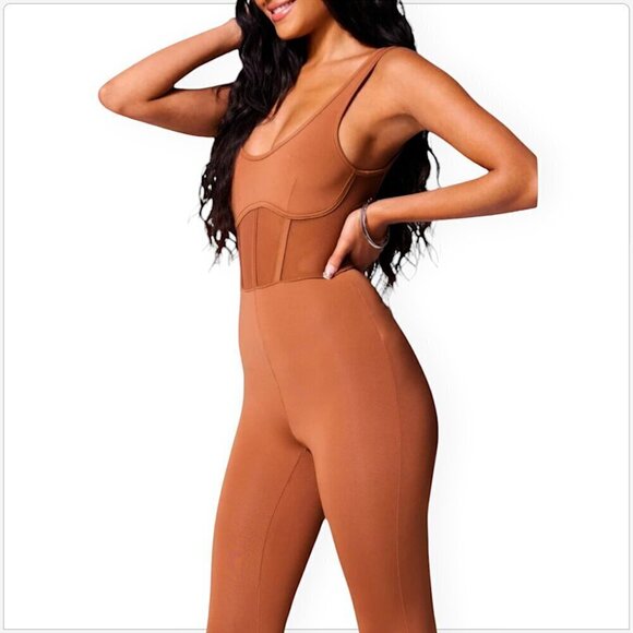 Bebe Gingerbread Mesh Detail Catsuit Jumpsuit Stretch Knit Bodycon NWT NEW XS - Picture 2 of 6